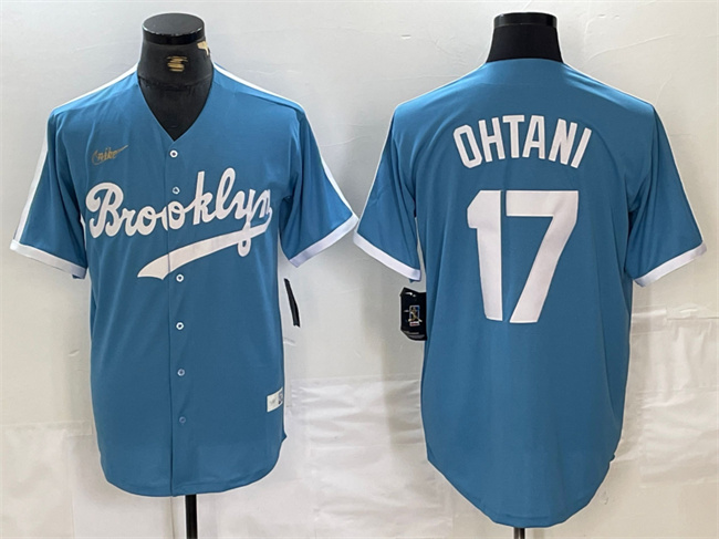 Men's Los Angeles Dodgers #17 Shohei Ohtani Light Blue Throwback Cool Base Stitched Baseball Jersey